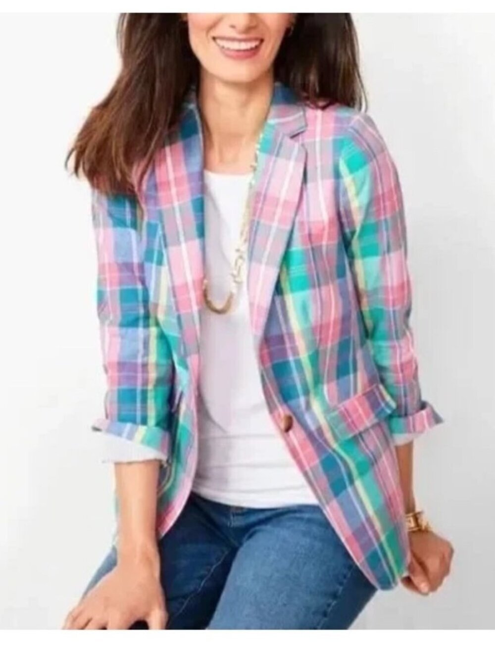 Talbots Plaid Blazer Size 10 Preppy Pink Madras Jacket Linen Cotton NWT
